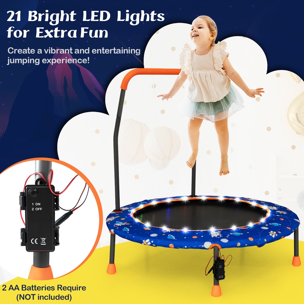 Close up of the battery pack and LED lights on the blue kids trampoline