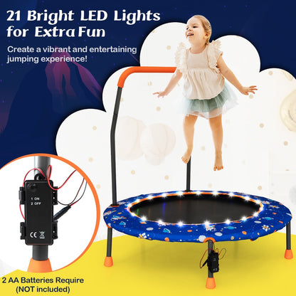 Close up of the battery pack and LED lights on the blue kids trampoline