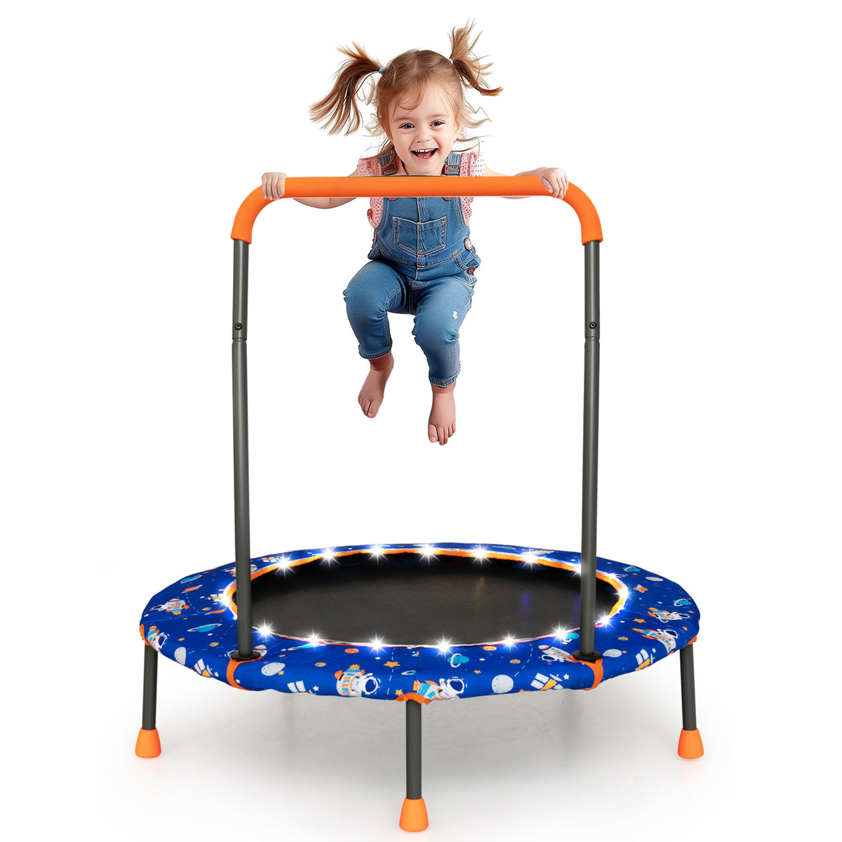 Mini Trampoline with LED lights and safety handle for children in blue with a fun space print