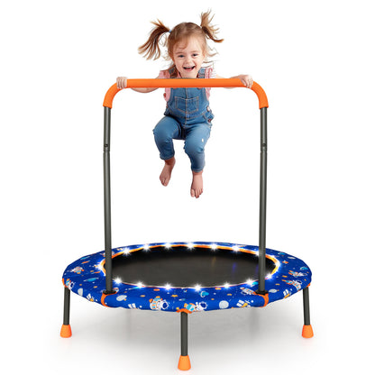 Mini Trampoline with LED lights and safety handle for children in blue with a fun space print