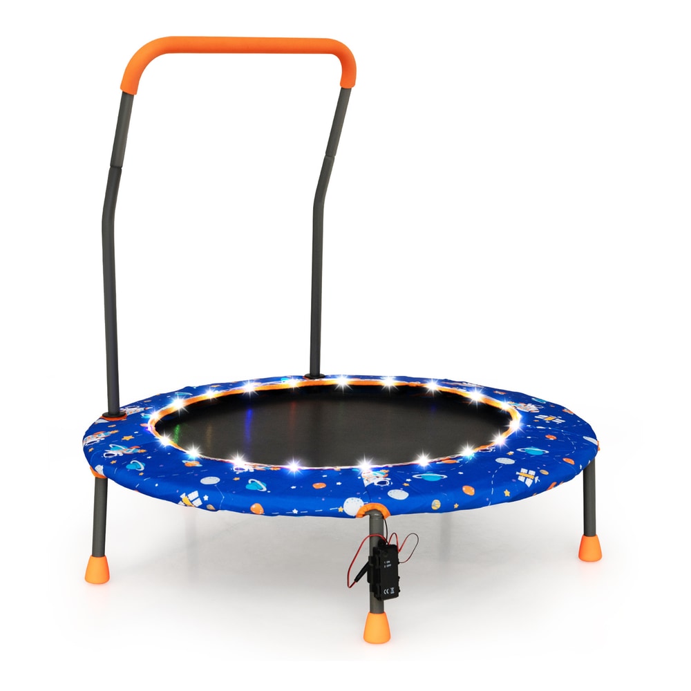 The blue kids trampoline with safety handle and LED lights, showing the battery pack