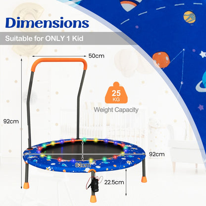 Dimensions diagram for the blue children's trampoline showing height and weight capacity