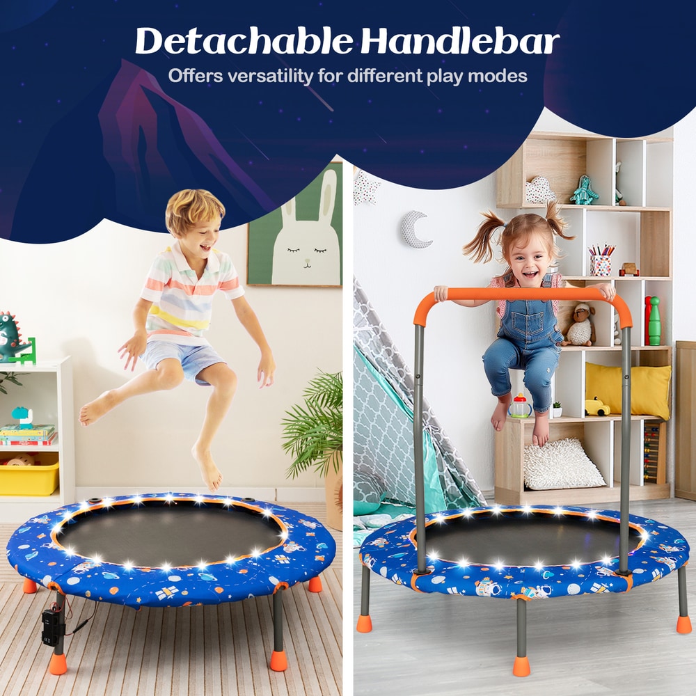 Two children jumping on the blue kids trampoline, one on the left and one on the right