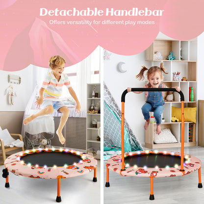 The kids trampoline shown with and without the detachable safety handle for play