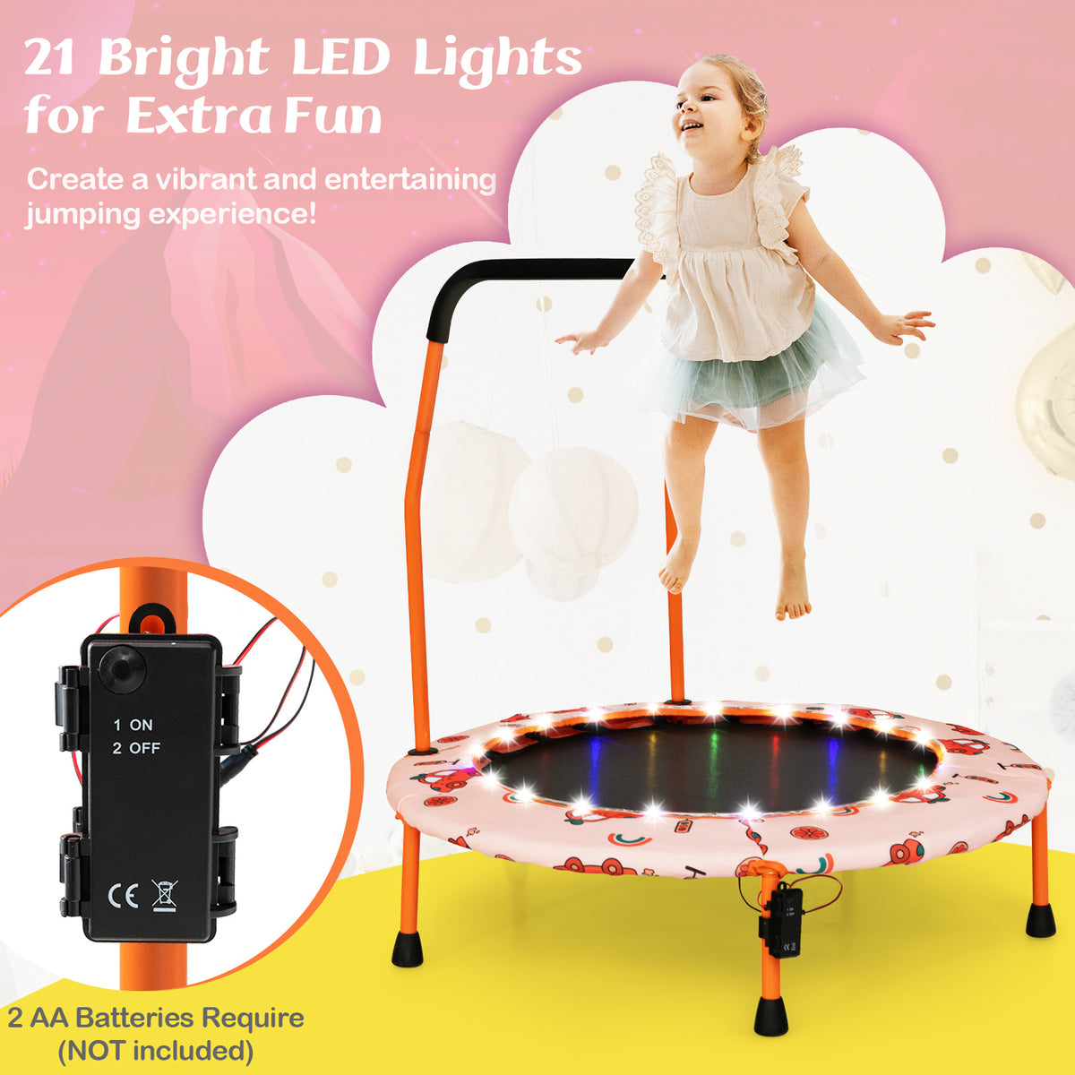 The play trampoline highlighting the LED light switch and battery compartment details