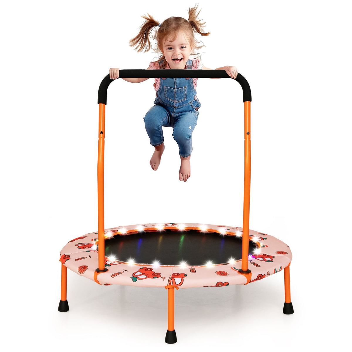 Mini Trampoline with orange frame and safety handle featuring bright LED lights around the edge