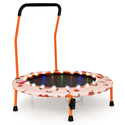 The orange kids trampoline showing the battery pack attached to one of the legs