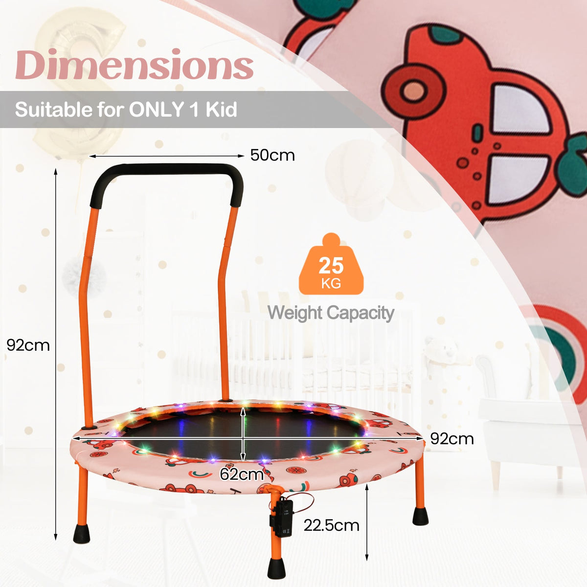 The kids trampoline with technical lines indicating height and width measurements