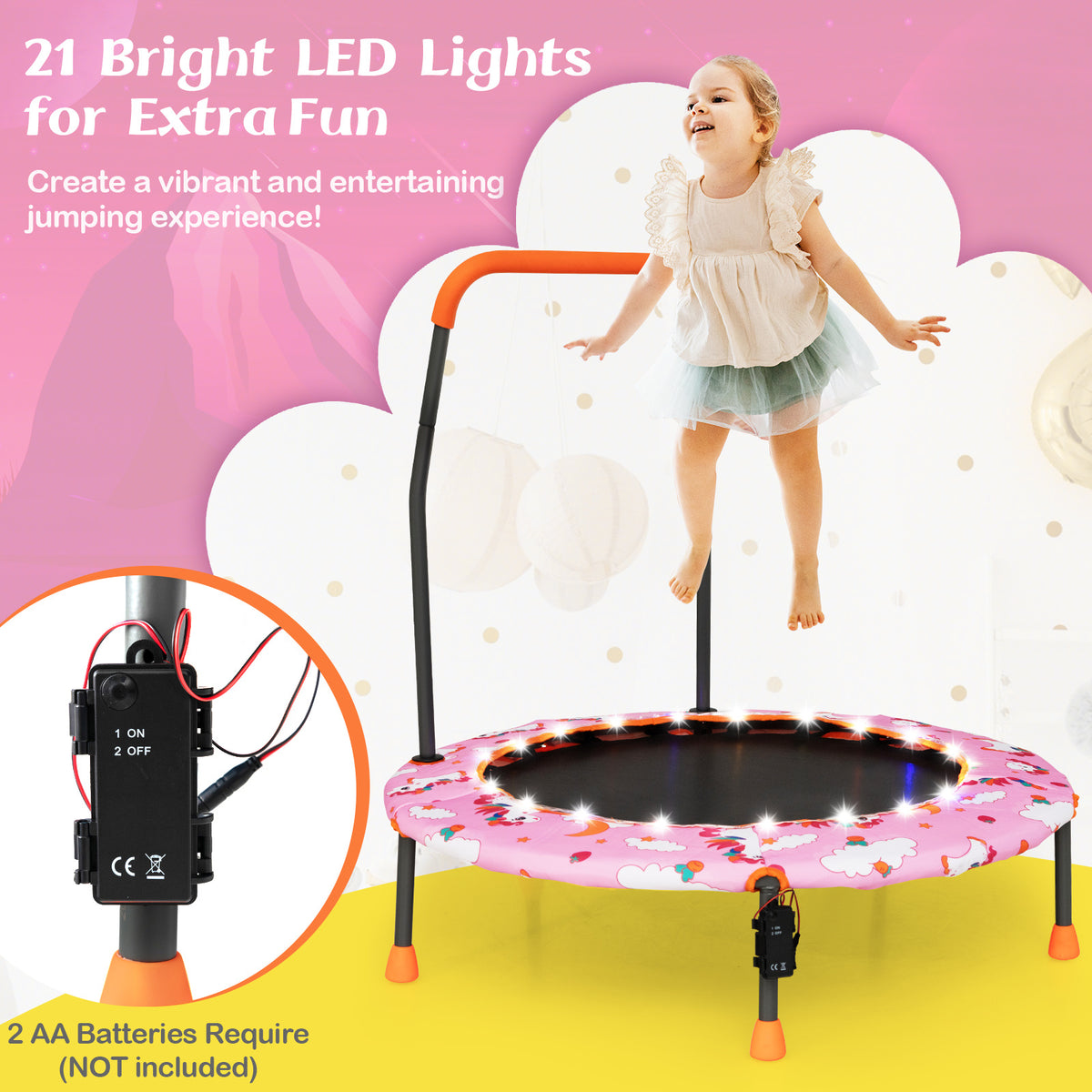 Close up of the LED lights and battery pack on the pink kids trampoline