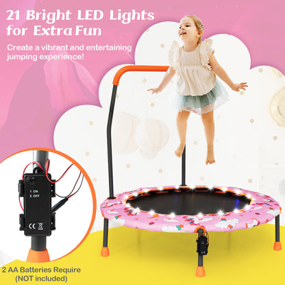 Close up of the LED lights and battery pack on the pink kids trampoline