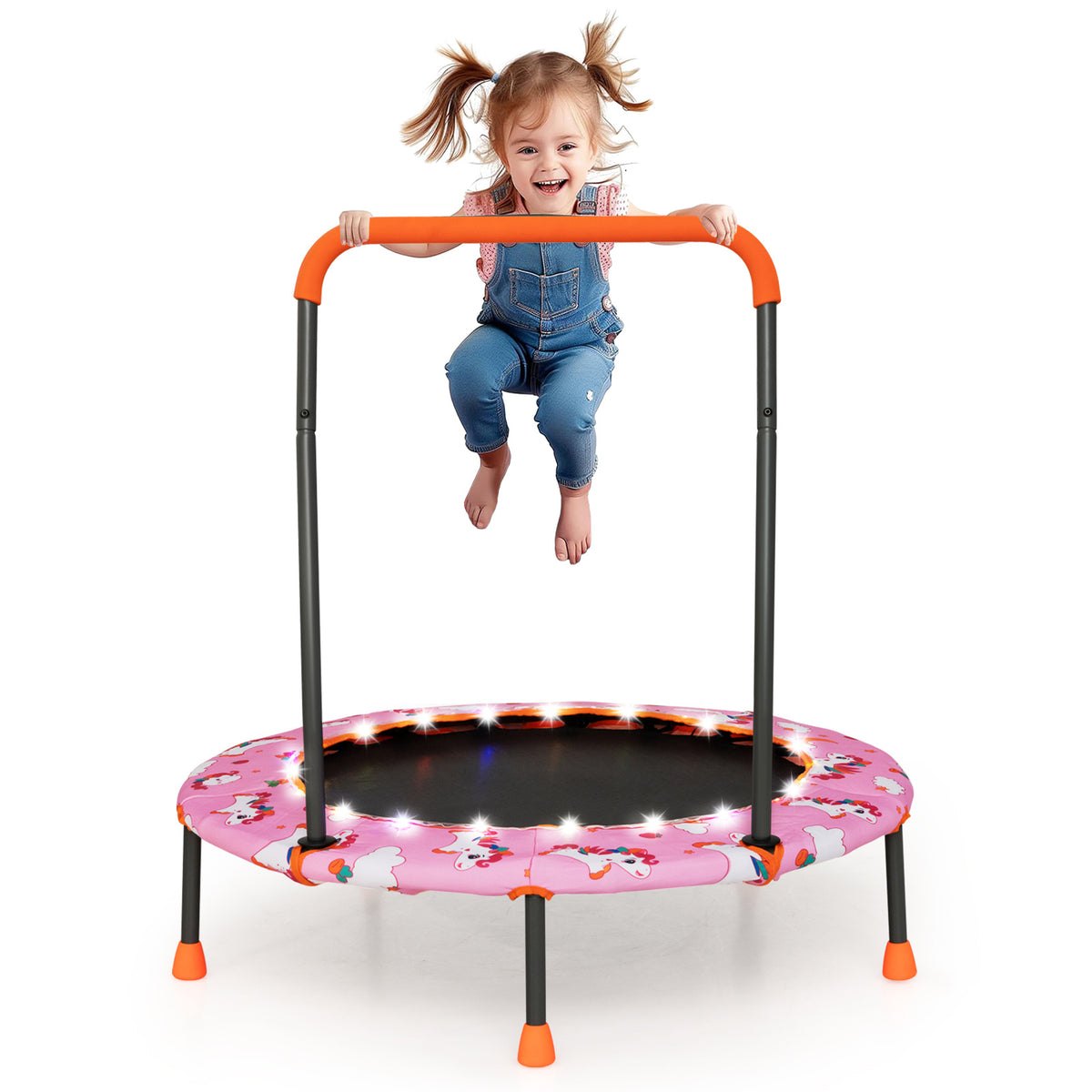 Mini Trampoline with LED lights and safety handle for children in pink with unicorn pattern