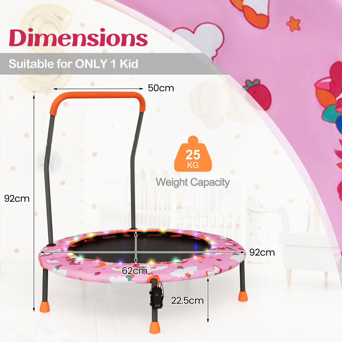 Dimensions diagram for the pink kids trampoline showing height and weight capacity