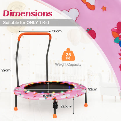 Dimensions diagram for the pink kids trampoline showing height and weight capacity