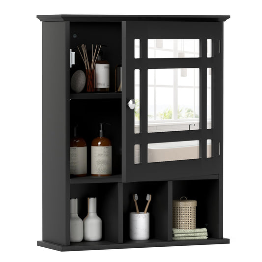 Mirror Door Cabinet with Adjustable Shelf and 3 Compartments in black, front view with mirrored door and open compartments