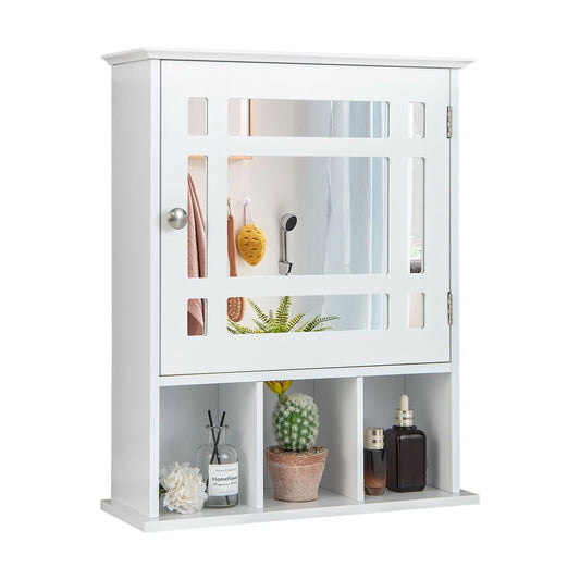 Mirror Door Cabinet with Adjustable Shelf and 3 Compartments white wall cabinet with a mirrored door and open shelves below