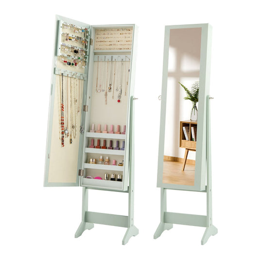 Mirrored Jewelry Armoire shown both open with storage and closed with a full-length mirror