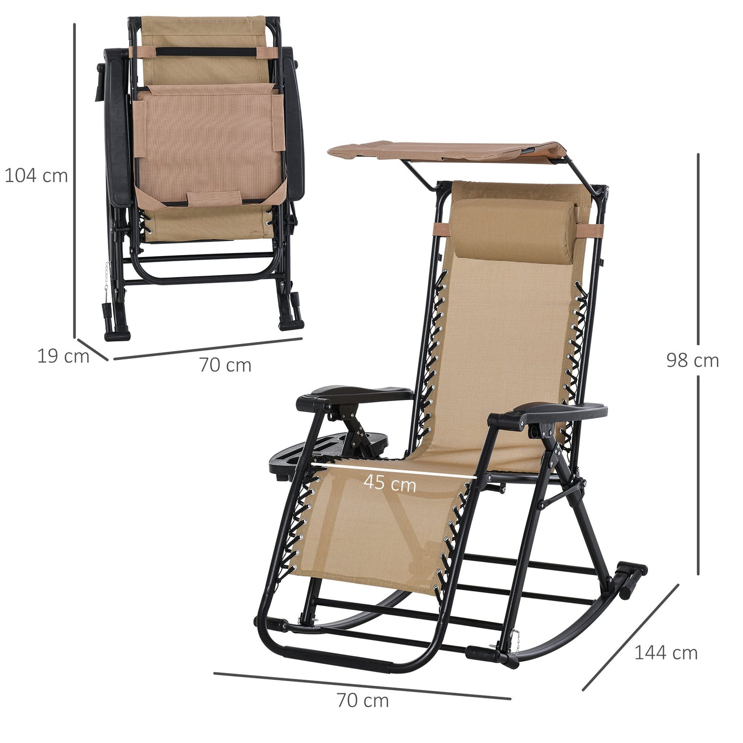 Outsunny Garden Rocking Chair Folding Recliner Outdoor Adjustable Sun Lounger Rocker Zero-Gravity Seat with Headrest Side Holder Patio Deck - Beige