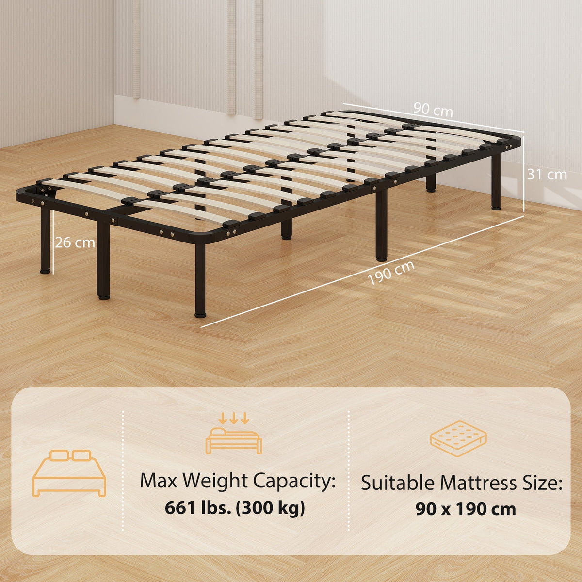 HOMCOM 3ft Single Bed Frame, Metal Platform Bed Frame with 2 x 14 Wood Slats, No Box Spring Needed, Underbed Storage, Black