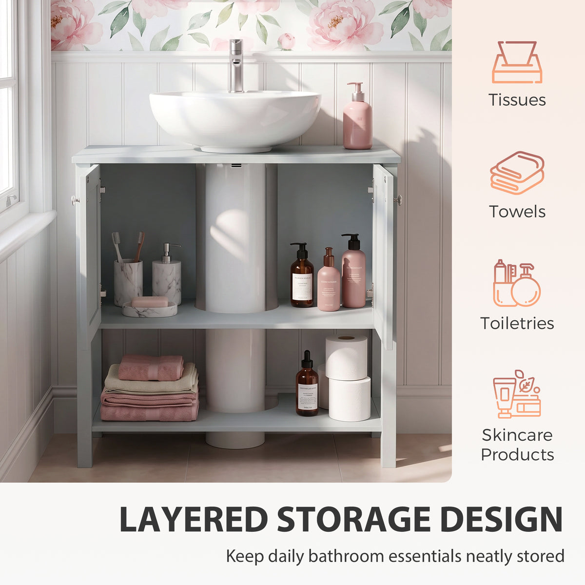HOMCOM Under Sink Bathroom Cabinet with 2 Doors in Light Blue