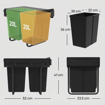 HOMCOM Pull Out Bin, Kitchen Under Sink Bin with 2 Removable Compartments, Smooth Glide, Black
