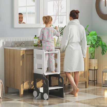 AIYAPLAY Toddler Step Stool, 4 in 1 Standing Tower, Foldable Toddler Step with Safety Rail, for Kitchen, Bathroom, Grey