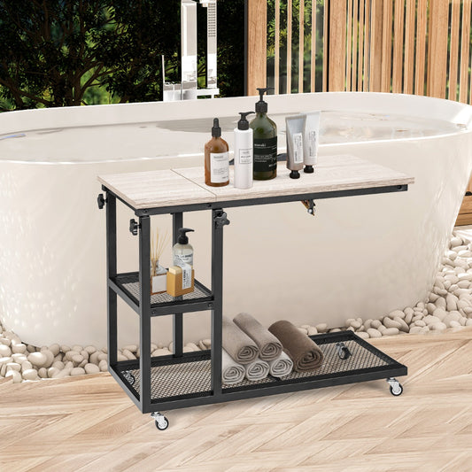 The side table next to a bathtub with toiletries and towels on its shelves
