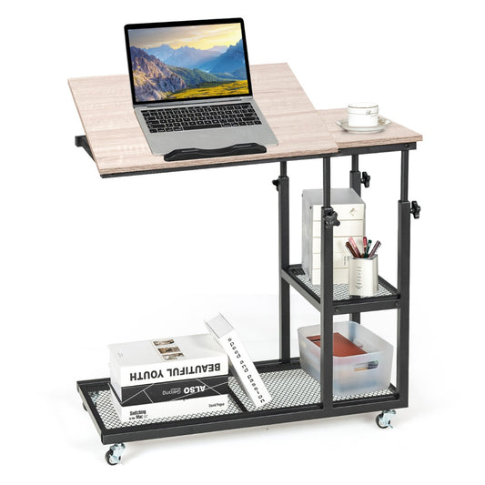 Mobile Couch Side Table with Height Adjustable Storage with a laptop on top and books on the lower shelf
