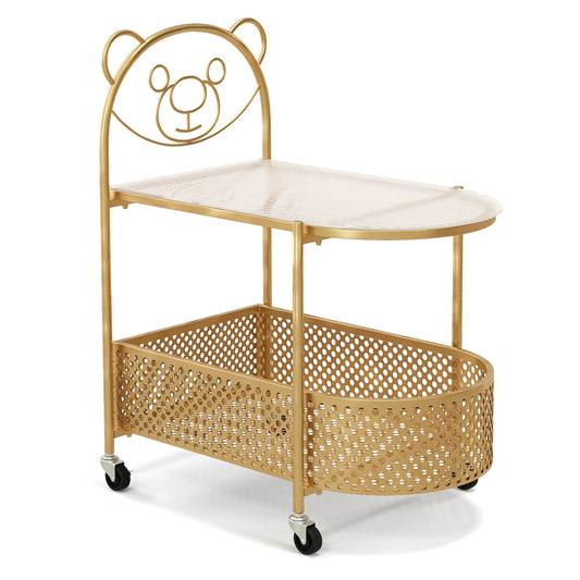Mobile Glass Coffee Table with a bear face design on top and a storage basket below, on wheels