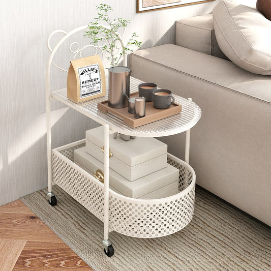 The side table placed next to a sofa with coffee cups and boxes on the shelves