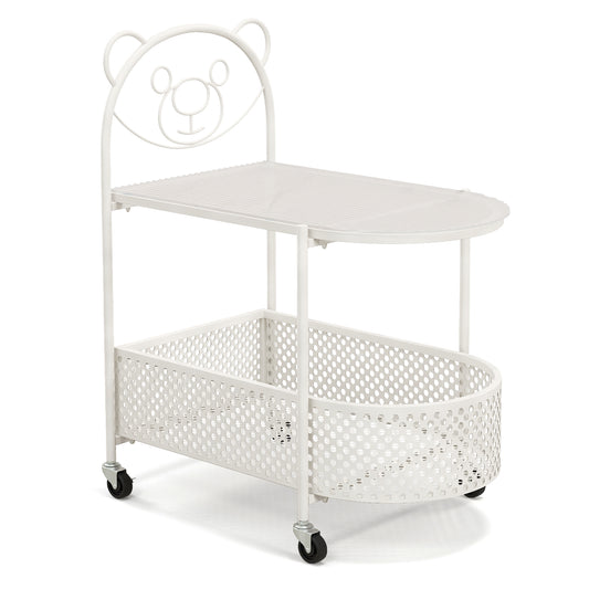 Mobile Glass Coffee Table with a bear pattern frame and a white storage basket on wheels