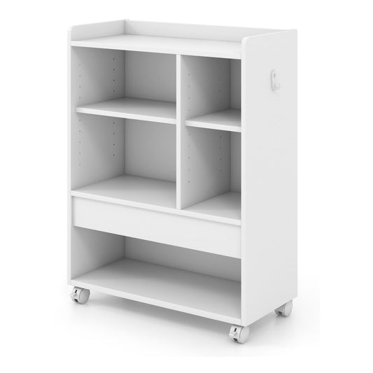 Mobile Storage Cabinet with Drawer and Adjustable Shelves in white, shown with wheels and a hook on the side