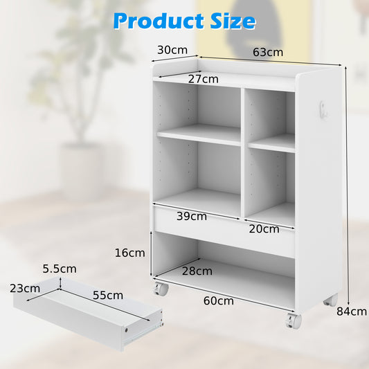 White storage cabinet with dimensions shown for drawers and shelves
