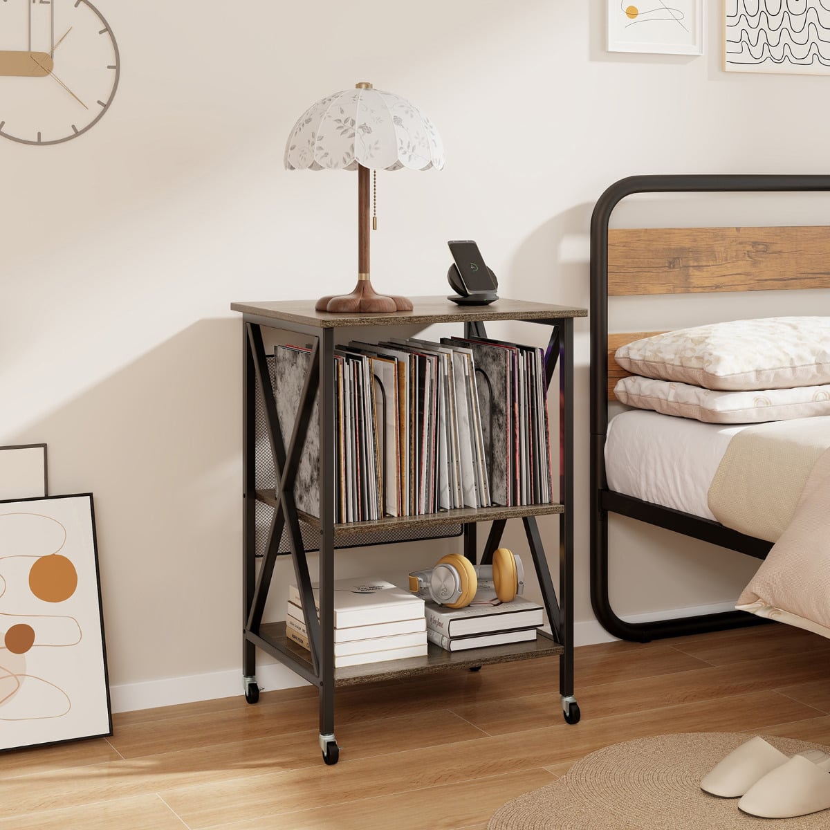 Mobile Record Player Stand with Vinyl Storage Shelves and Dividers-Grey