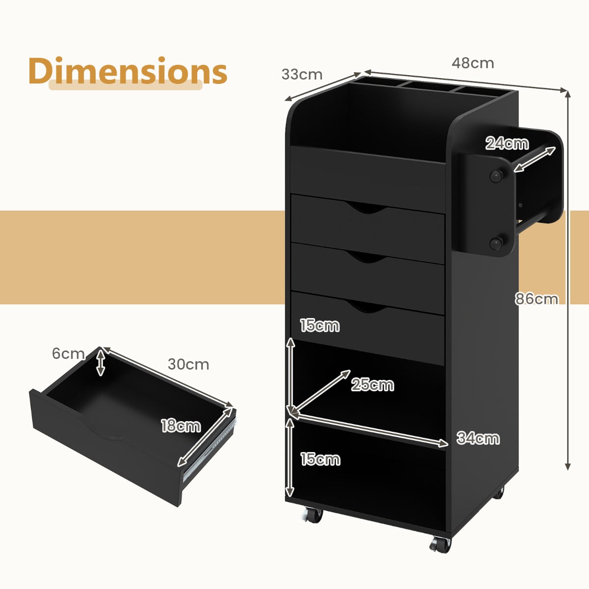 Mobile Rolling Storage Cart with 3 Drawers 2 Shelves and 2 Dowel Rods-Black