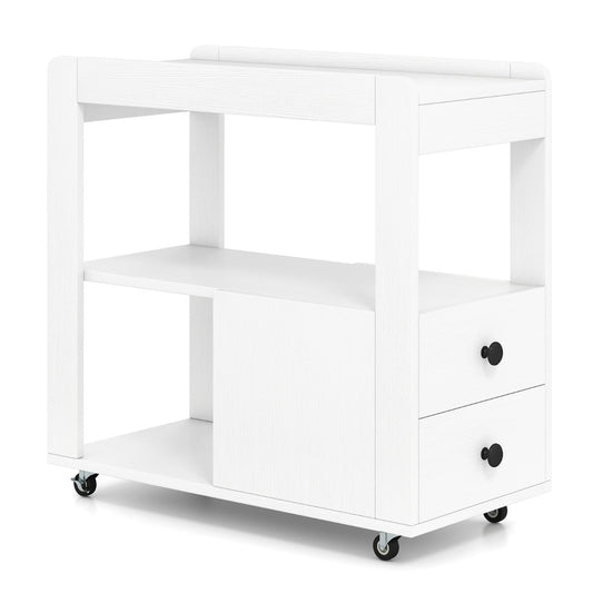 Modern 2-Drawer Sofa Side Table with Open Shelves in white with black knobs and castor wheels