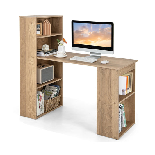 Modern 3-in-1 Wooden Computer Desk with 6-Tier Storage Bookshelves in natural wood finish, shown from the front with a