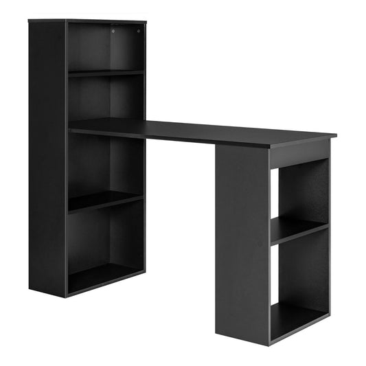 Modern 3-in-1 Wooden Computer Desk with 6-Tier Storage Bookshelves in black against a white background