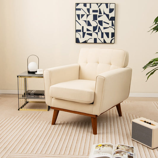Beige accent chair in a modern living room setting with artwork and a side table