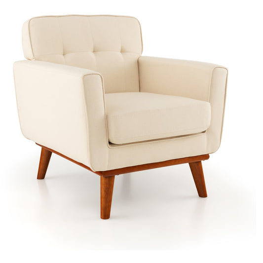 Modern Accent Armchair with Removable Padded Seat Cushion in beige fabric with wooden legs