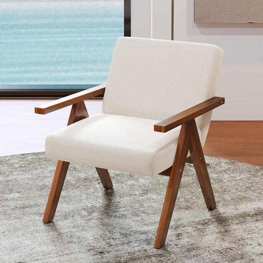 Beige fabric armchair with wooden frame in a stylish room setting on a rug