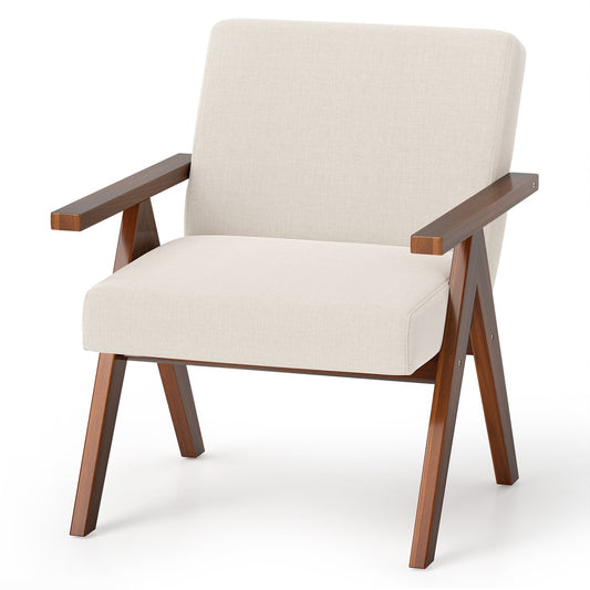 Modern Accent Chair Linen Fabric Armchair with solid acacia wood frame in beige