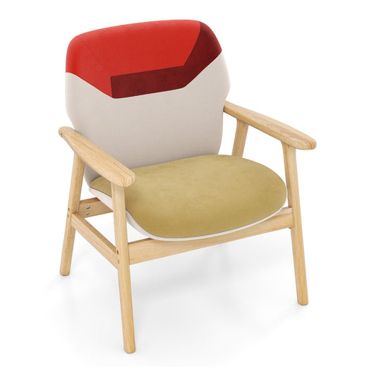 Modern Accent Chair with a red and cream backrest and a yellow seat on a light wooden frame