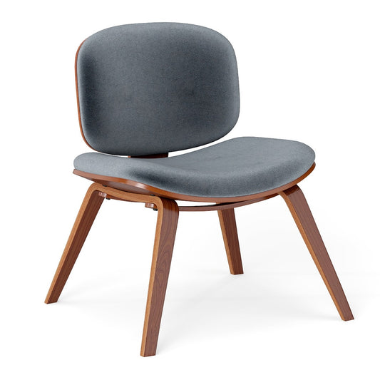 Modern Accent Chair with Curved Backrest and Padded Seat in grey fabric and walnut wood effect frame