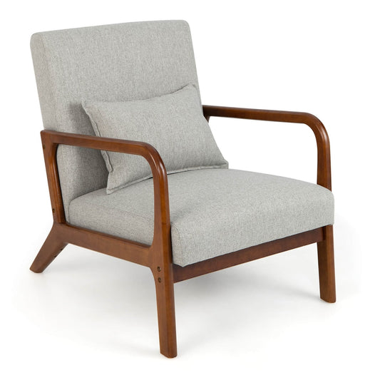 Modern Accent Chair with lumbar pillow and rubber wood frame in grey fabric