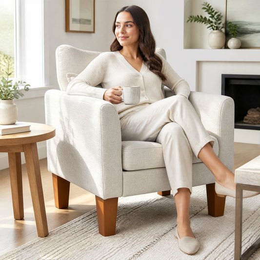 Woman sitting in a beige accent chair with a mug and loungewear