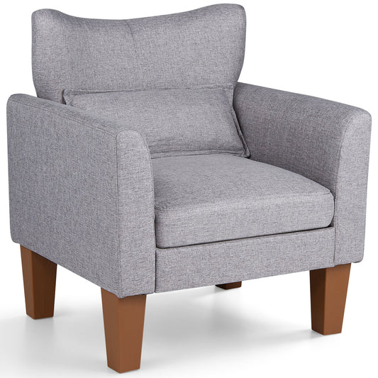 Modern Accent Chair in grey fabric with a removable cushion and pillow