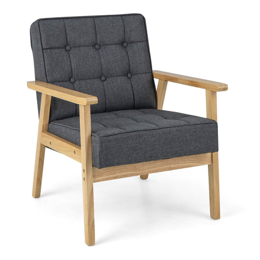 Modern Accent Chair with Rubber Wood Armrests -Grey, a grey upholstered armchair with button tufting and light wood frame