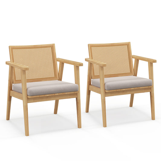 Modern Accent Chair with Solid Rubber Wood Frame-Natural, a pair of chairs with cane backs and grey cushions