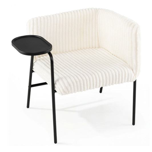 Modern Accent Chair with Tray Table Corduroy Upholstered Armchair in beige with black metal legs