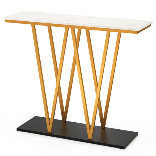 Modern Accent Extra Long Console Entry Table with a white faux marble top and gold legs on a black base
